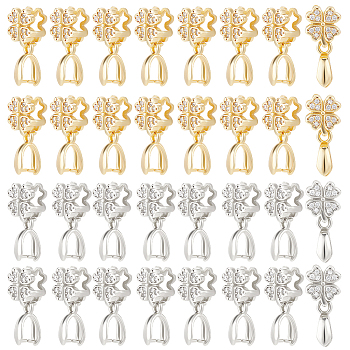 20Pcs 2 Colors Brass Micro Pave Clear Cubic Zirconia Ice Pick Pinch Bails, Long-Lasting Plated, Clover, Platinum & Golden, 17.5x7.5x5mm, Hole: 3mm, Pin: 0.7mm, 10Pcs/color