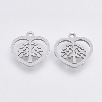 201 Stainless Steel Pendants, Laser Cut Pendants, Heart with Tree, Stainless Steel Color, 13.5x13.5x1mm, Hole: 1.4mm
