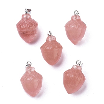 Watermelon Stone Glass Pendants, with Platinum Brass Loops, Food, 24~25x15.5~16mm, Hole: 6.5x2.7mm