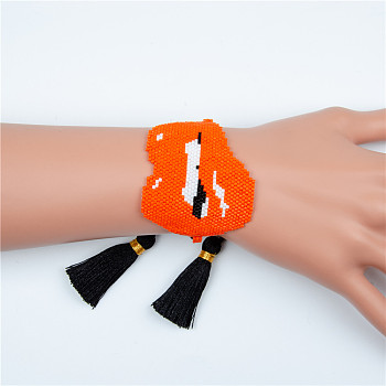 Miyuki Seed Braided Bead Bracelet with Double Tassel, Sexy Lip Friendship Bracelet for Women, Orange Red, 11 inch(28cm)