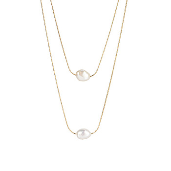 Double Layer Freshwater Pearl Fine Chain Necklace - 14K Gold Plated Multi-Layer Women's Necklace