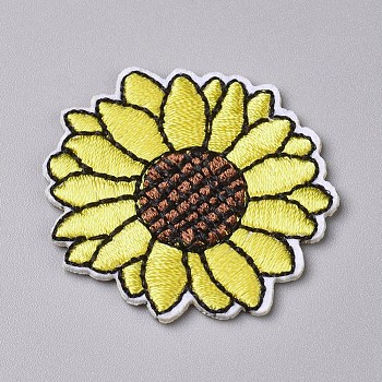 Computerized Embroidery Cloth Iron on/Sew on Patches, Costume Accessories, Appliques, Sunflower, Yellow, 35~36.5x1.5mm