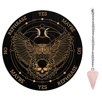 AHADEMAKER 1Pc Cone/Spike/Pendulum Natural Rose Quartz Stone Pendants, 1Pc 304 Stainless Steel Cable Chain Necklaces, 1Pc PVC Custom Pendulum Board, Dowsing Divination Board, Owl Pattern, Board: 200x4mm