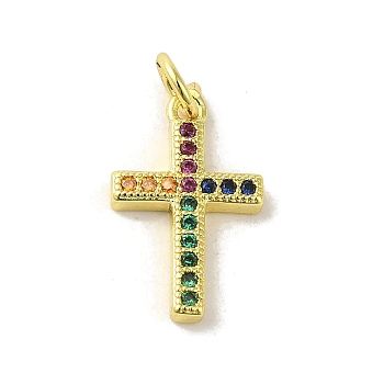 Brass Micro Pave Cubic Zirconia Pendants, Real 18K Gold Plated, Cross Charms, Colorful, 17.5x10.5x2mm, Hole: 3mm