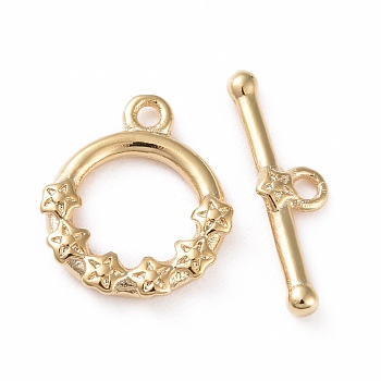 Eco-friendly Brass Toggle Clasps, Cadmium Free & Lead Free, Long-Lasting Plated, Ring with Flower, Real 24K Gold Plated, Ring: 13x11x2mm, Bar: 4.5x16x1.5mm, Hole: 1.2mm