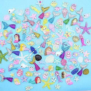 Ocean Theme Opaque Resin Cabochons, With Glitter Powder, Fish & Starfish & Mermaid & Swimming Ring & Shell & Octopus, Mixed Shapes, Mixed Color, 12~41x12~37x3.5~9.5mm