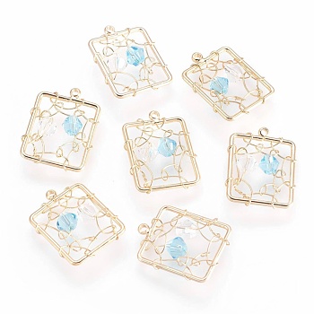 Brass Pendants, with Acrylic Rhinestone, Nickel Free, Rectangle, Mixed Color, Real 18K Gold Plated, 18~20x13~15x4mm, Hole: 1mm