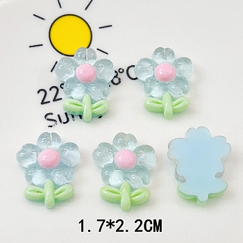 Translucent Resin Decoden Cabochons, Flower with Glitter Powder, Light Sky Blue, 22x17mm