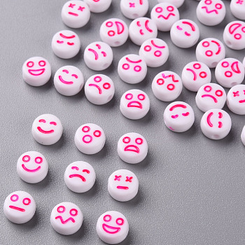 White Opaque Acrylic Beads, Flat Round with Expression, Deep Pink, 7x4mm, Hole: 1.6mm, about 3650pcs/500g