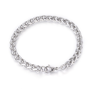304 Stainless Steel Wheat Chain Bracelets, with Lobster Claw Clasps, Stainless Steel Color, 8 inch(20.32cm), 6.5mm