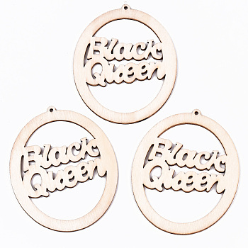 Undyed Natural Wooden Big Pendants, Laser Cut Shapes, Donut with Word Black Queen, Antique White, 83x66.5x2mm, Hole: 2mm