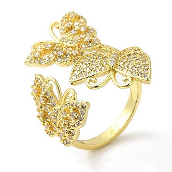 Clear Cubic Zirconia Triple Butterfly Open Cuff Ring, Rack Plating Brass Jewelry, Lead Free & Cadmium Free, Real 18K Gold Plated, US Size 7(17.3mm)