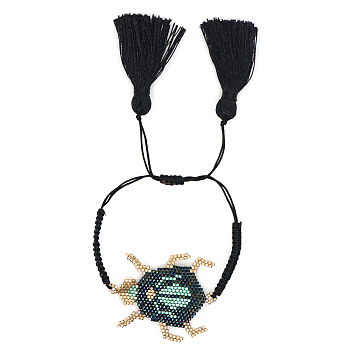 MIYUKI Seed Beetle Link Bracelet with Double Tassel, Adjustable Bracelet for Women, Dark Green, 11 inch(28cm)