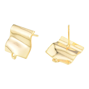 Brass Stud Earring Findings, with Horizontal Loops, Wave Rectangle, Nickel Free, Golden, 14x12mm, Hole: 1.2mm, Pin: 0.8mm