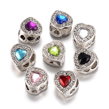 Alloy European Beads, with Rhinestones, Large Hole Beads, Heart, Antique Silver, Mixed Color, 13x11.5x9.5mm, Hole: 4.5mm