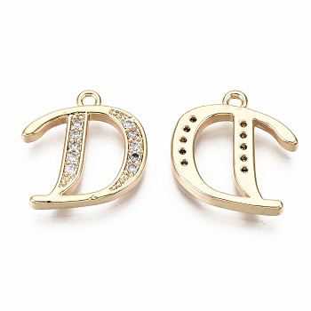 Brass Micro Pave Clear Cubic Zirconia Pendants, Nickel Free, Real 18K Gold Plated, Word, Letter.D, 16.5x16x2mm, Hole: 1.5mm
