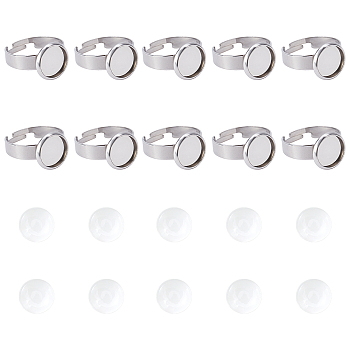 Unicraftale DIY Finger Rings Making Kits, Including Adjustable 304 Stainless Steel Finger Rings Components and Transparent Half Round Glass Cabochons, Stainless Steel Color, Finger Rings Components: Tray: 10mm, Size 7, 17mm, 24pcs/box