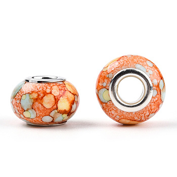 Opaque Resin European Beads, Imitation Crystal, Two-Tone Large Hole Beads, with Silver Tone Brass Double Cores, Rondelle, Coral, 14x9.5mm, Hole: 5mm