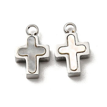 304 Stainless Steel Shell Charms, Cross, Stainless Steel Color, 10.5x6.5x2.5mm, Hole: 1.2mm