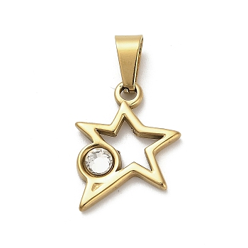 304 Stainless Steel Pendants, with Rhinestone, Star, Ion Plating(IP), Golden, Crystal, 19.5x14.5x3mm, Hole: 7x3mm