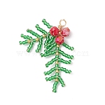 Glass Seed Beaded Leaf Pendants, with Light Golden Copper Wire, Lime Green, 43x33x7mm, Hole: 2.5mm(PALLOY-MZ00958)