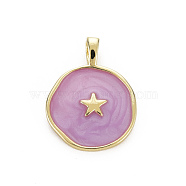 Brass Enamel Pendants, Cadmium Free & Nickel Free & Lead Free, Real 16K Gold Plated, Flat Round with Star, Medium Orchid, 20.5x15.5x4.5mm, Hole: 2.5x3mm(KK-Q283-057I-NR)