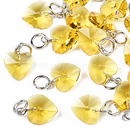 Faceted Transparent Glass Charms, with Iron Jump Ring, Heart, Yellow, 13~14x10x5~6mm, Hole: 4mm(GLAA-T024-04K)