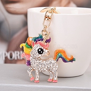 Alloy Rhinestone Keychains, with Enamel, Unicorn, Colorful, 4.5x4.2cm(PW-WG72083-01)