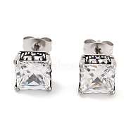 Square 316 Surgical Stainless Steel Pave Cubic Zirconia Stud Earrings for Women Men, Antique Silver, Clear, 8x8mm(EJEW-Z050-03B-AS)