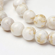 Natural Mashan Jade Beads Strands, with Gold Powder, Dyed, Round, Floral White, 6mm, Hole: 1mm, about 62pcs/strand, 16 inch(G-P232-01-F-6mm)