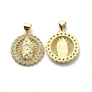 Brass Micro Pave Clear Cubic Zirconia Pendants, Flat Round with Virgin Mary Pattern Charm, Religion Theme, Real 18K Gold Plated, 20.5x18.5x2.5mm, Hole: 3.5x4.5mm(KK-G446-06G)