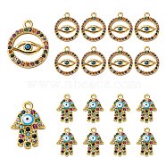 4Pcs 2 Style Brass Micro Pave Cubic Zirconia Charms, with Enamel, Hamsa Hand/Hand of Miriam & Ring with Evil Eye, Golden, 14x10~12x2mm, Hole: 1mm, 2pcs/style(KK-LS0001-51)