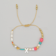 Initial Letter Natural Pearl Braided Bead Bracelet, Adjustable Bracelet, Letter X, 11 inch(28cm)(LO8834-24)
