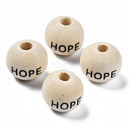 Printed Natural Wood European Beads, Undyed, Large Hole Beads, Round with Word HOPE, PapayaWhip, 16x14.5mm, Hole: 5.5mm(WOOD-T019-46)