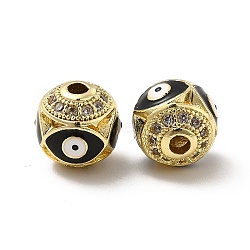 Brass Micro Pave Cubic Zirconia Beads, Round with Enamel Evil Eye, Real 18K Gold Plated, Black, 10x9.5mm, Hole: 1.6mm(KK-E068-VB153-2)