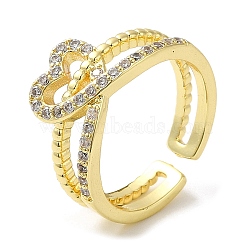 Heart Brass Micro Pave Cubic Zirconia Open Cuff Ring for Women, with Plastic Imitation Pearl Beaded, Golden, Wide: 5~10mm, Inner Diameter: 18mm(RJEW-F154-03G-B)