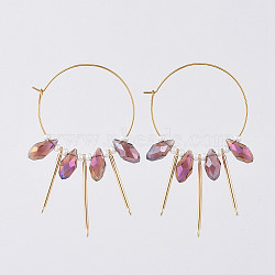 316L Surgical Stainless Steel Hoop Earring, with teardrop, Glass Beads, Round Glass Seed Beads and Brass Bar Links, Golden, Purple, 64mm, Pin: 0.7mm(EJEW-JE03678-03)