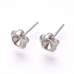 Non-Tarnish 201 Stainless Steel Post Stud Earring Settings, with 304 Stainless Steel Pin, for Pointed Back Xilion Rivoli Rhinestone, Flower, Stainless Steel Color, Fit For: 4mm Rhinestone, 13x7mm, Pin: 0.7mm(STAS-E446-03A-P)