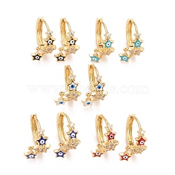 Star with Evil Eye Enamel Huggie Hoop Earrings, Real 18K Gold Plated Brass Micro Pave Clear Cubic Zirconia Earrings for Women, Mixed Color, 13.5x15x8.5mm, Pin: 0.8mm(EJEW-Z016-02)