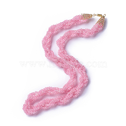 Glass Seed Beads Beaded Necklaces, with Iron Beads Cap and Brass Findings, Pearl Pink, 20.55 inch(52.2cm), 8~9.5mm(NJEW-E136-05)