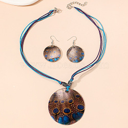 Boho Printed Natural Shell Graffiti Flat Round Pendant Earrings & Necklaces Set, Camel, 445~495mm(FS-WG2A623-03)