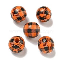 Printed Wood European Beads, Round with Tartan Pattern, Dark Orange, 15.5~16mm, Hole: 4~4.5mm(WOOD-G022-13B)