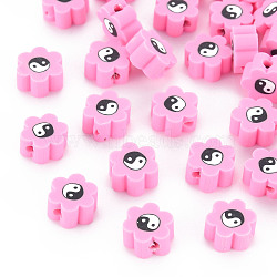 Handmade Polymer Clay Beads, for DIY Jewelry Crafts Supplies, Flower with Yinyang, Pearl Pink, 8~9x7.5~8.5x4~4.5mm, Hole: 1.6~1.8mm(CLAY-N008-027D)