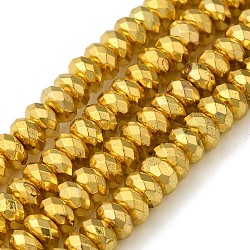 Electroplate Non-magnetic Synthetic Hematite Beads Strands, Grade AA, Long-Lasting Plated, Faceted, Rondelle, Golden Plated, 6x3mm, Hole: 1mm, about 132pcs/strand, 15.7 inch(40cm)(G-L485-06D-G)