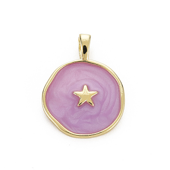 Brass Enamel Pendants, Cadmium Free & Nickel Free & Lead Free, Real 16K Gold Plated, Flat Round with Star, Medium Orchid, 20.5x15.5x4.5mm, Hole: 2.5x3mm