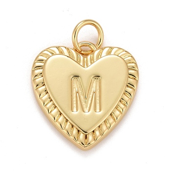 Rack Plating Real 18K Gold Plated Brass Pendants, with Jump Rings, Long-Lasting Plated, Lead Free & Cadmium Free & Nickel Free, Heart with Letter A~Z, Letter.M, 16x15x2.5mm, Jump Ring: 5x0.5mm, 3mm Inner Diameter