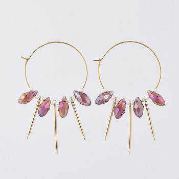 316L Surgical Stainless Steel Hoop Earring, with teardrop, Glass Beads, Round Glass Seed Beads and Brass Bar Links, Golden, Purple, 64mm, Pin: 0.7mm