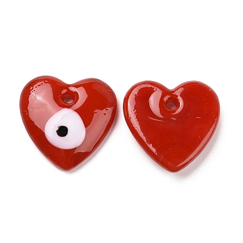 Handmade Evil Eye Lampwork Pendants, Heart, Crimson, 25x25x7.5mm, Hole: 2.8mm