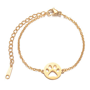 201 Stainless Steel Link Bracelets, with Cable Chains and Lobster Claw Clasps, Flat Round with Dog Paw Prints, Golden, 6-1/8 inch~6-7/8 inch(15.5~17.5cm), 1.5mm