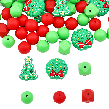 80Pcs 6 Style Food Grade Eco-Friendly Silicone Beads, Chewing Beads For Teethers, DIY Nursing Necklaces Making, Hexagon & Christmas Bell & Round, Mixed Color, 14~30x14~22.5x2~14mm, Hole: 2~2.5mm
